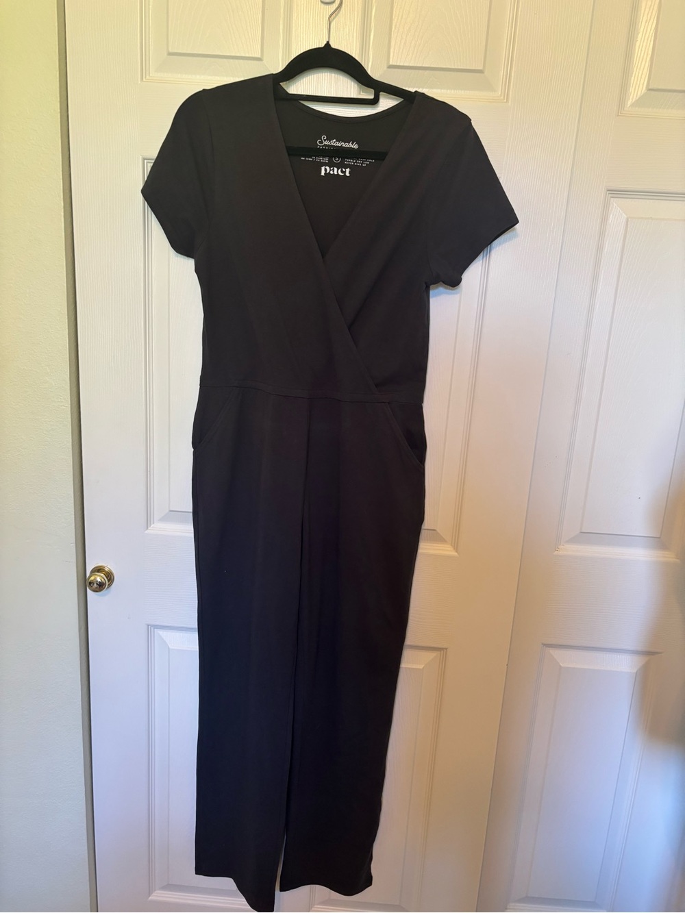 Pact Black Organic Cotton Wrap Front Jumpsuit Casual Short Sleeve Size Small